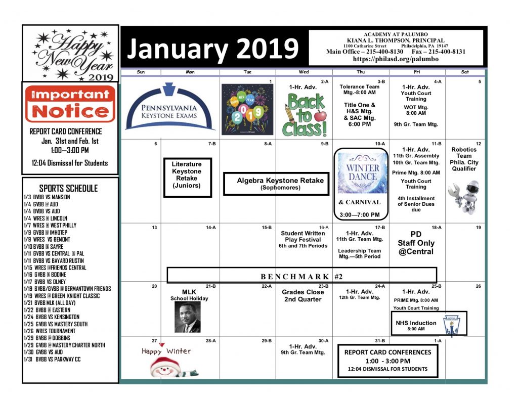 January 2019 Calendar Academy At Palumbo January 2019 Calendar Academy At Palumbo