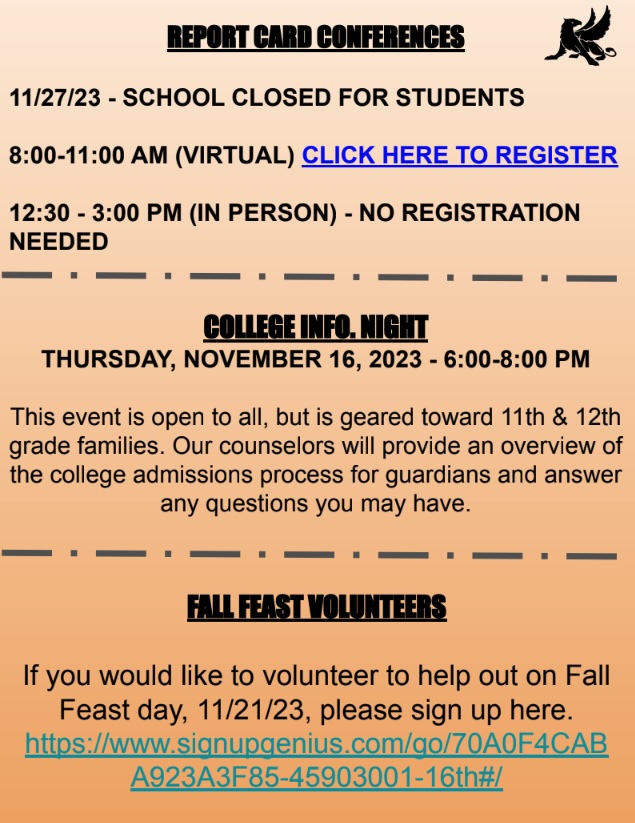 Report Card Conferences, College Info Night, Fall Feat Volunteers